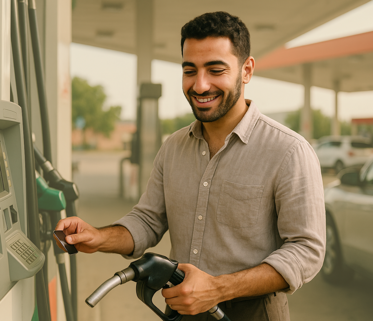 Man paying at a gas pump while holding a card and fuel nozzle.