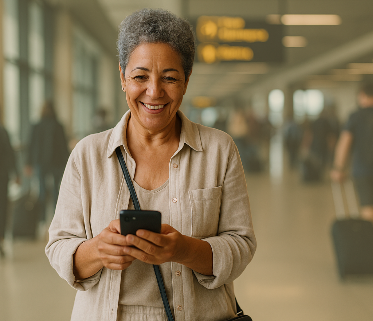 Older woman standing in a public setting and checking her phone with a calm expression.
