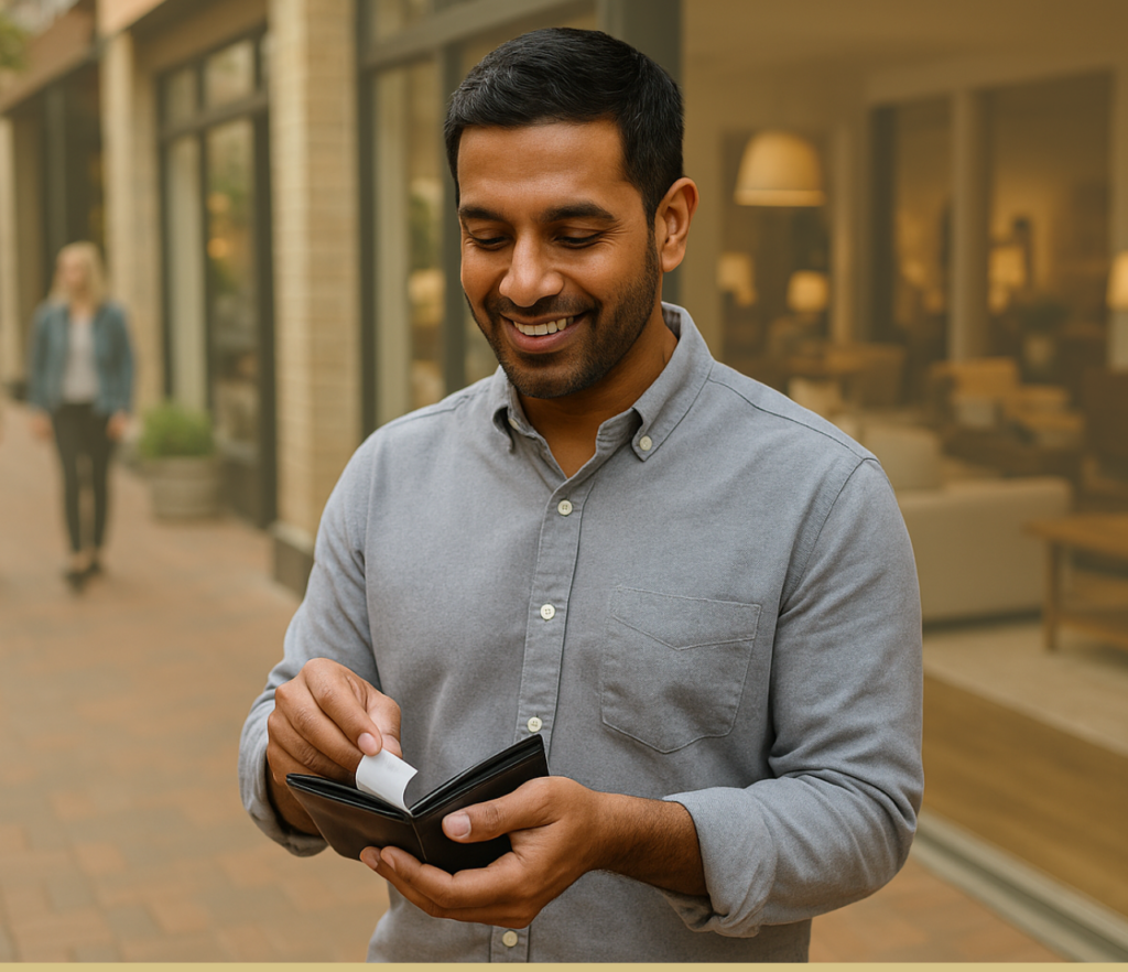 Man standing outdoors with a wallet and receipt while looking down with a slight smile.