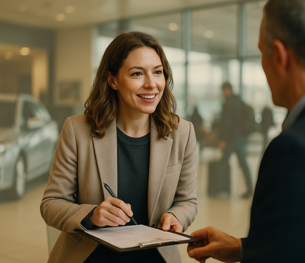 A woman signs paperwork while speaking with a representative in a bright financial office.