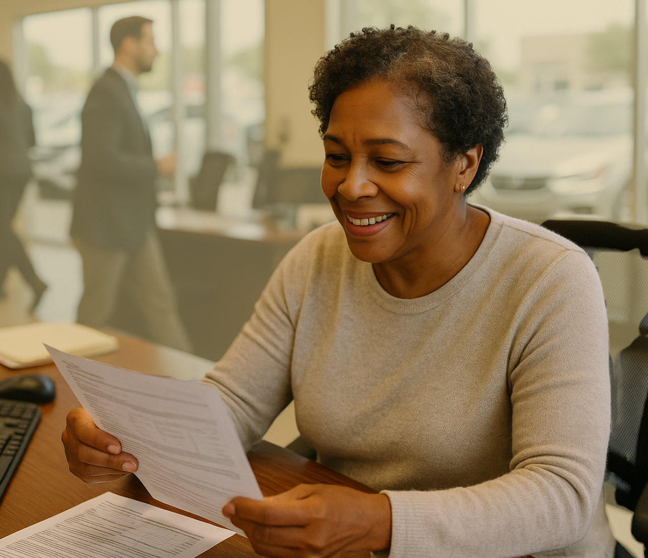 A woman reviews printed account documents while seated at a desk in an office.