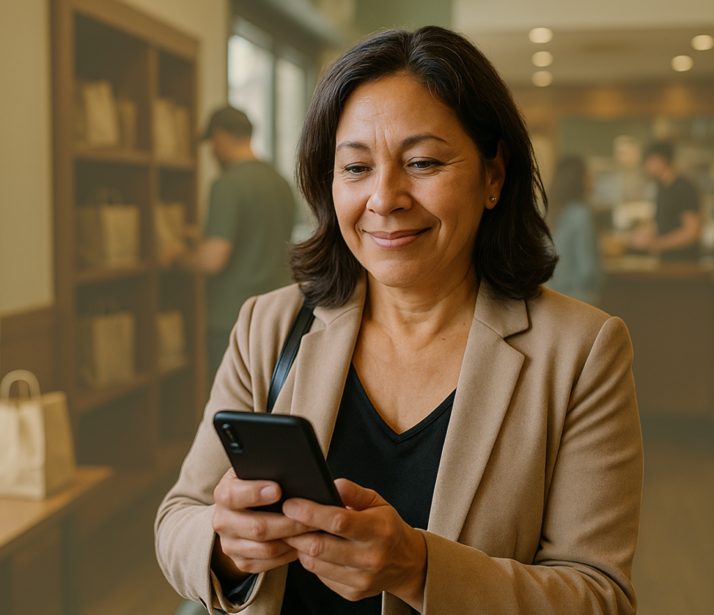 A woman looks at her phone while standing indoors in a retail-style setting.