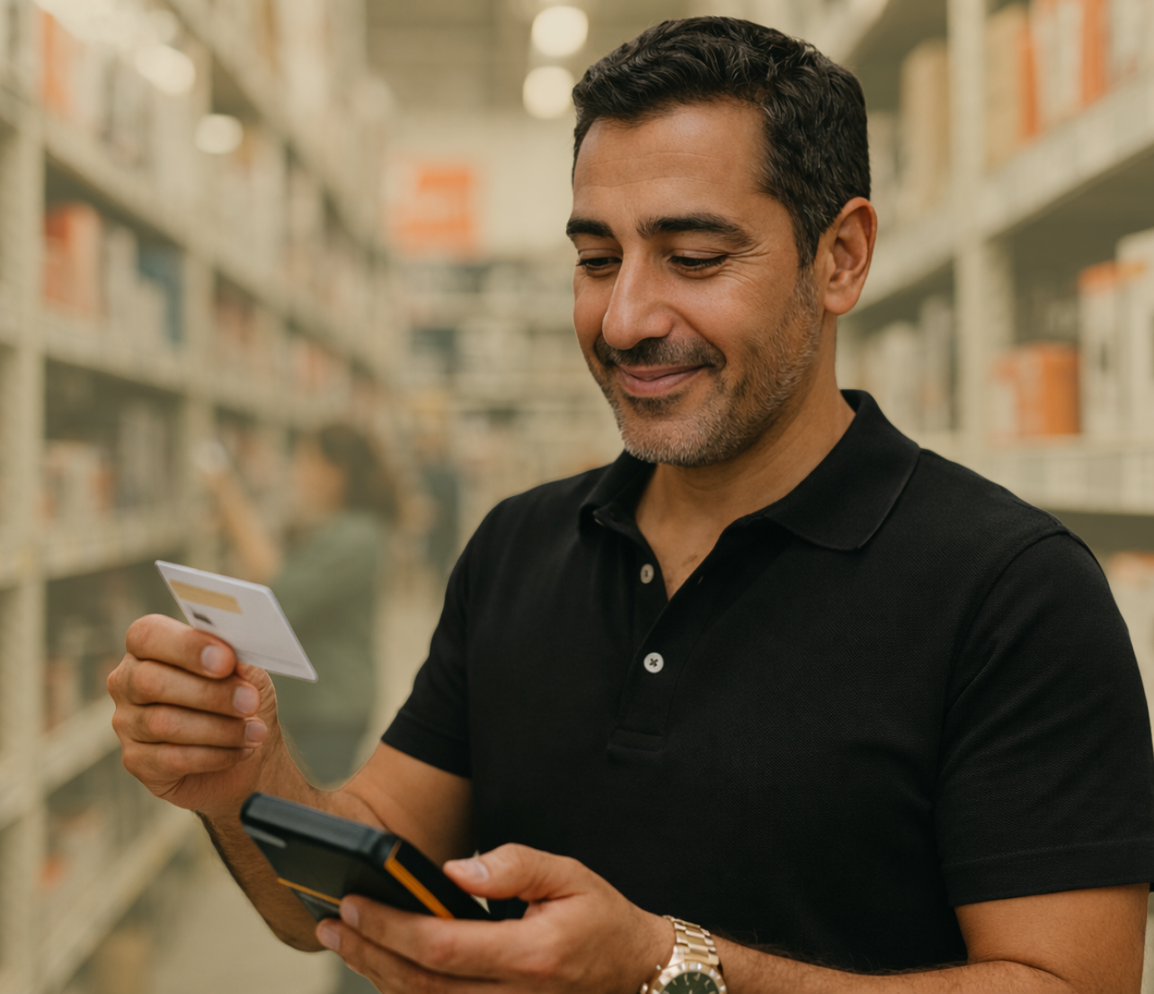 A shopper checks a card and handheld device while standing in a store aisle.