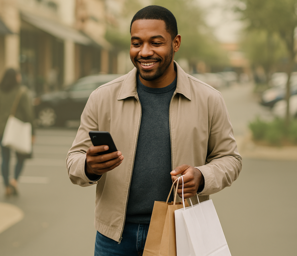 A shopper carries retail bags while checking a phone on a city street.