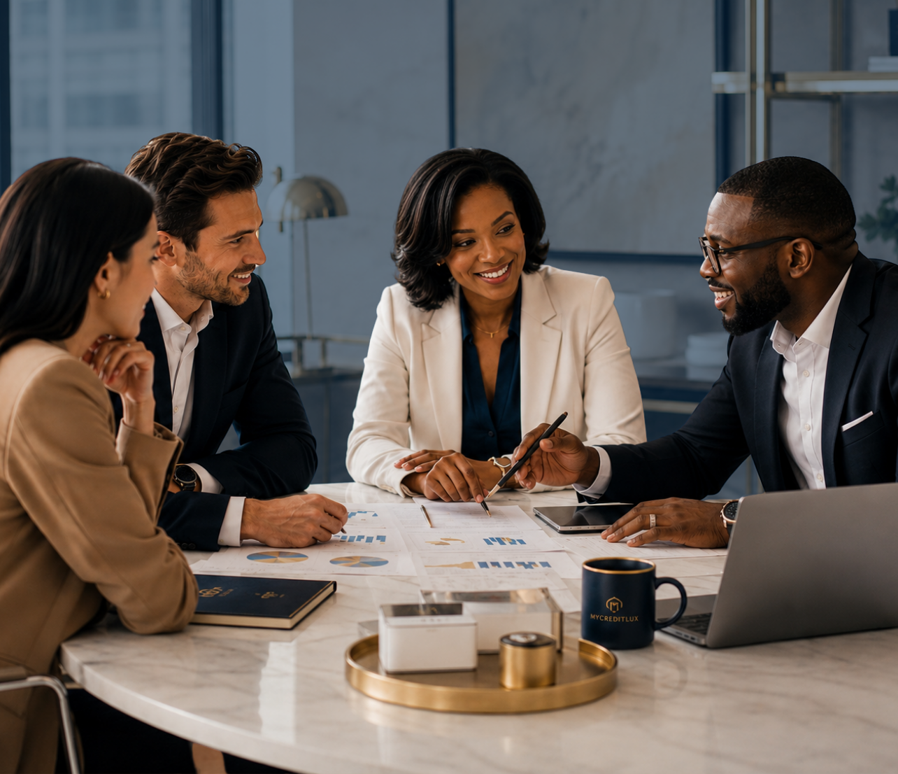 Business professionals reviewing financial documents during a Credit Intelligence and business credit readiness strategy meeting.